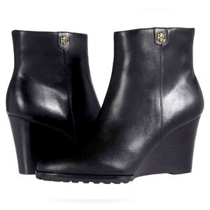 NIB- Ralph Lauren, Shaley Calfskin Wedge Bootie in Black, Size 8.5.